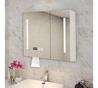Tocador de baño LED inteligente con desempañador, botiquín de almacenamiento, luz de maquillaje regulable, iluminación de 3 tonos, visualización de tiempo y temperatura para un aseo perfecto.