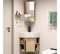 Tocador de baño montado en la pared con fregadero, espejo y almacenamiento, diseño compacto para espacios pequeños