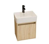 Tocador de baño montado en la pared que ahorra espacio con fregadero pequeño, perfecto para baños pequeños, diseño compacto para espacios limitados, solución moderna y elegante