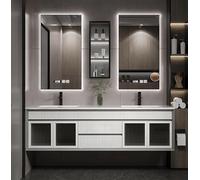Tocador de doble lavabo con espejos inteligentes y encimera de pizarra blanca, moderno juego de gabinete de baño de madera de roble para el hogar y la oficina, grifo incluido