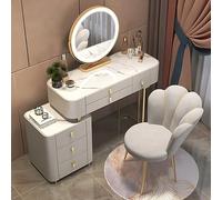 Tocador de madera maciza con 6 cajones y armario lateral, espejo de maquillaje, diseño en forma de flor, color gris (39.4 pulgadas)