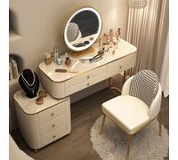 Tocador de madera maciza con espejo de maquillaje iluminado por LED, 6 cajones, mueble de TV, color gris, juego de tocador con tamaño de silla