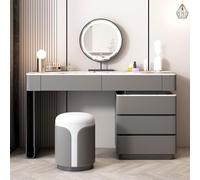 Tocador de madera maciza con espejo y mesa de tocador con iluminación con armario lateral reversible, asas ocultas, ideal para espacios pequeños (gris, 80 cm)