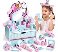Tocador de Madera para Niño Maquillaje de Madera Kit Maquillaje Tocador Infantil Niña A Partir de 3 Años, Cosméticos Juguete Juego de rol Cumpleaños Regalo para Niñas 3 4 5 6 7 Años