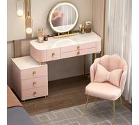 Tocador de maquillaje con luz LED con espejo, 3 ajustes de color, mesa de maquillaje de madera de 6 cajones y silla de cosmetología para sala de estar, dormitorio, 80/100 x 40 x 78 cm