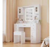 Tocador de maquillaje con luz LED con espejo de brillo ajustable, 6 cajones y 4 puertas, tocador blanco para dormitorio, 105 x 152 x 40 cm (largo x alto x profundidad)
