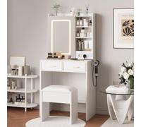 Tocador de maquillaje con Luz LED y Taburete, 4 tomas de corriente (2 CA + 2 USB), 3 modos iluminación regulable, 2 cajones y 3 estantes abiertos, secador de pelo soporte, 60 x 40 x 138 cm, Blanco