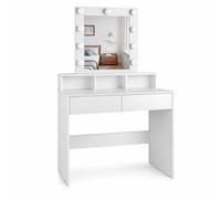 Tocador de maquillaje con Luz | Mueble tocador con Espejo 2 cajones y estantes de almacenamiento | Mesa de maquillaje moderno blanco para dormitorio, cómoda organizadora cosméticos y joyas