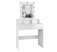 Tocador de maquillaje con Luz | Mueble tocador con Espejo 2 cajones y estantes de almacenamiento | Mesa de maquillaje moderno blanco para dormitorio, cómoda organizadora cosméticos y joyas