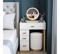 Tocador de maquillaje iluminado con brillo ajustable de 4 cajones y taburete, 3 colores, ideal para dormitorio, estación de maquillaje elegante para mujeres.