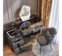 Tocador estilo Hollywood con 5 cajones de madera maciza, estación de carga inalámbrica, altavoz Bluetooth, mesa de cristal, silla, juego de tocador