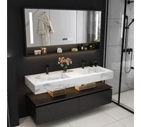 Tocador flotante de baño doble con espejo LED inteligente antivaho y fregadero integrado