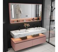 Tocador flotante de baño doble con espejo LED inteligente antivaho y fregadero integrado