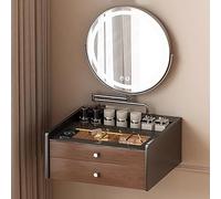 Tocador Flotante de Pared, Mesa de Maquillaje de Estilo Mediados de Siglo, Tapa de Cristal Templado Color té y Tirador Cónico Plateado, Mesita de Noche que Ahorra Espacio para Dormitorios(Small)