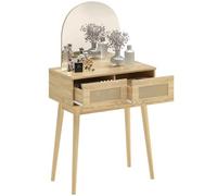 Tocador HOMCOM con espejo arqueado, escritorio de tocador moderno y compacto con 2 cajones, escritorio de maquillaje para dormitorio, espacios pequeños, mujeres y niñas, acabado en madera natural.
