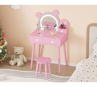 Tocador Infantil Con Espejo Iluminado en Forma de Oso: Tocador de Princesa de Madera Con Cajones, Taburete Con Forma de Flor, Diseño Seguro Para Niños, Ideal Para El Dormitorio de Niñas Pequeñas, Colo