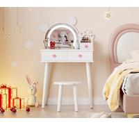 Tocador Infantil Con Espejo Iluminado en Forma de Oso: Tocador de Princesa de Madera Con Cajones, Taburete Con Forma de Flor y Luz LED Táctil Segura Para Niños, Ideal Para El DorMitorio de Niñas Peque