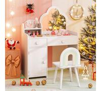 Tocador infantil con forma de , mesa de maquillaje con taburete, tocador de madera con espejo, armario y 2 cajones, mesa de cosméticos para niñas de 3 a 7 años