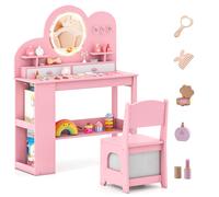 Tocador Infantil, Juego de Tocador y Silla de Princesa con 2 Cajones, Estantería de 2 Niveles, y 2 Estantes Abiertos, Juego de Tocador de Maquillaje