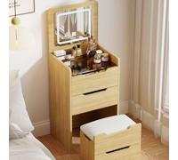 Tocador LED con espejo abatible, taburete oculto, cajones, parte superior de cristal, luz de tres colores, para tocadores compactos y dormitorios