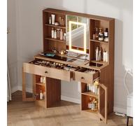 Tocador Moderno Con Espejo Led De 3 Colores, Tablero De Vidrio Resistente A Rayones, Espejo Corredizo, 2 Cajones, 2 Gabinetes, Vitrina De Vidrio Arcoíris, Tomas De Corriente Usb/Ca - Madera Natural