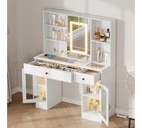 Tocador Moderno Con Espejo LED De 3 Colores, Tablero De Vidrio Resistente a Rayones, Espejo Corredizo, 2 Cajones, 2 Gabinetes, Vitrina De Vidrio Arcoíris, Tomas De Corriente USB/CA, Color Blanco.