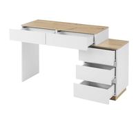 Tocador multifuncional con cinco cajones, tocador con líneas claras, superficie de aspecto de roble, mesa de cosméticos para almacenar y organizar cosas personales en el dormitorio