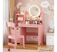 Tocador Niña Tocadors de Maquillaje con Luz y Taburete 2 en 1 Anti-dumping Tocador Infantil de Madera con Espejo y Estanterías Vanity de Maquillaje Para Niños Moderno estilo Princesa 5 años+ (Rosa)