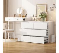 Tocador (sin sillas y espejo), blanco, 180 x 40 x 85 cm, incluye armarios laterales extraíbles, práctico armario de almacenamiento, tres niveles, seis cajones, tocador, cómoda blanca