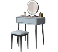 Tocadores Maquillaje Moderno con Luz y Cajones Estable Tocador para Dormitorio con Taburete Tapizado y Asas Ocultas, Luz de 3 Colores Ajustable, para Mujeres(Gray 02,27.55in/70cm)
