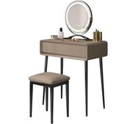 Tocadores Maquillaje Moderno con Luz y Cajones Estable Tocador para Dormitorio con Taburete Tapizado y Asas Ocultas, Luz de 3 Colores Ajustable, para Mujeres(Khaki,23.62in/60cm)