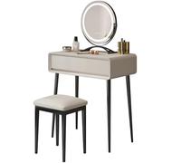 Tocadores Maquillaje Moderno con Luz y Cajones Estable Tocador para Dormitorio con Taburete Tapizado y Asas Ocultas, Luz de 3 Colores Ajustable, para Mujeres(Gray 01,23.62in/60cm)