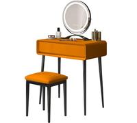 Tocadores Maquillaje Moderno con Luz y Cajones Estable Tocador para Dormitorio con Taburete Tapizado y Asas Ocultas, Luz de 3 Colores Ajustable, para Mujeres(Orange,27.55in/70cm)