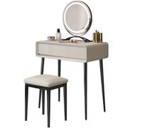 Tocadores Maquillaje Moderno con Luz y Cajones Estable Tocador para Dormitorio con Taburete Tapizado y Asas Ocultas, Luz de 3 Colores Ajustable, para Mujeres(Gray 01,27.55in/70cm)