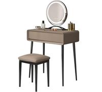 Tocadores Maquillaje Moderno con Luz y Cajones Estable Tocador para Dormitorio con Taburete Tapizado y Asas Ocultas, Luz de 3 Colores Ajustable, para Mujeres(Khaki,27.55in/70cm)
