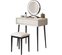 Tocadores Maquillaje Moderno con Luz y Cajones Estable Tocador para Dormitorio con Taburete Tapizado y Asas Ocultas, Luz de 3 Colores Ajustable, para Mujeres(White,27.55in/70cm)