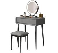Tocadores Maquillaje Moderno con Luz y Cajones Estable Tocador para Dormitorio con Taburete Tapizado y Asas Ocultas, Luz de 3 Colores Ajustable, para Mujeres(Gray 03,27.55in/70cm)