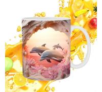 TocaFeank Taza de café con delfines 3D | Tazas lindas pintadas planas en 3D Tazas de café de cerámica - de con decoración de delfines de 11 oz para los amantes del té con leche y