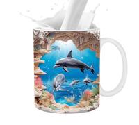 TocaFeank Taza de delfines 3D | Tazas lindas Tazas de café de cerámica con diseño pintado plano 3D | Novedad decoración de delfines, 11 oz, para amantes del té con leche y café, tazas de cerámica para