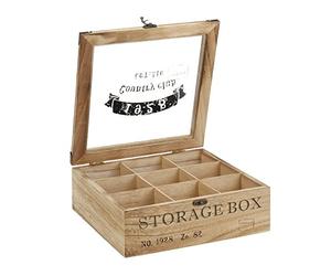 ToCi Caja de té de madera natural con 9 compartimentos, rectangular con ventana de aspecto vintage, caja de té para guardar bolsas de té, especias y piezas pequeñas, 24 x 24 x 8,5 cm