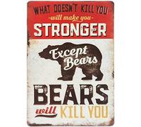 TOCMANE Cartel de aluminio con texto en inglés "What DoDon't Kill You Makes You Stronger Except Bears Will Kill" para interiores y exteriores, para decoración de pared, para el hogar, café, cocina, póster de hierro de 8 x 12 pulgadas