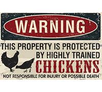 TOCMANE Cartel de metal con texto en inglés "Warning Property Protected by Chickens Farm Ranch Shopping Mall Rural Chicken Coop Tin Pollo, 20,3 x 30,5 cm