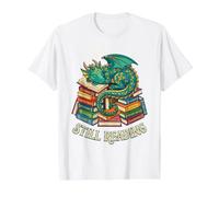 Todavía Leyendo Dragón Fantasía Durmiente en Libro Bibliófilo Camiseta gráfica económica, Hombre, Blanco, M