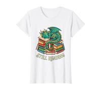 Todavía Leyendo Dragón Fantasía Durmiente en Libro Bibliófilo Camiseta gráfica económica, Mujer, Blanco, M