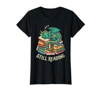 Todavía Leyendo Dragón Fantasía Durmiente en Libro Bibliófilo Camiseta gráfica económica, Mujer, Negro, M