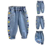 Toddler Girls Cute Jeans Baby Girls Heart Embroidered Pull on Cuffed Denim Trousers Kids Elastic Waist Casual Joggers Trendy Loose Fit Strechy Athletic Baggy Sweatpants