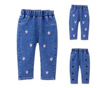 Toddler Girls Cute Jeans Heart Printed Pull on Harem Pants Kids Elastic Waist Cuffed Denim Trousers with Pockets Baby Girls Trendy Loose Fit Casual Sweatpants Stretchy Joggers