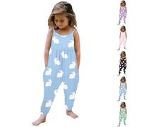 Toddler Girls Easter Jumpsuits Cute Kids Rabbit Printed Baggy Ovearalls Summer Sleeveless Casual Dungarees Baby Girl Cotton Wide Leg One Piece Jumpsuit Loose Fit Suspender Trousers