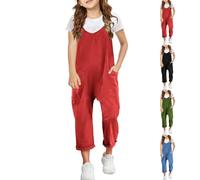 Toddler Girls Jumpsuits Cotton Adjustable Spaghetti Strap Dungarees Kids Summer Solid Color Casual Overall Sleeveless Romper With Pockets Baby Girls Loose Fit One Piece Jumpsuit