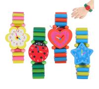 Toddmomy Juego de 4 relojes musicales de madera para niños, pulsera elástica con dibujos animados creativos de madera (patrón aleatorio)